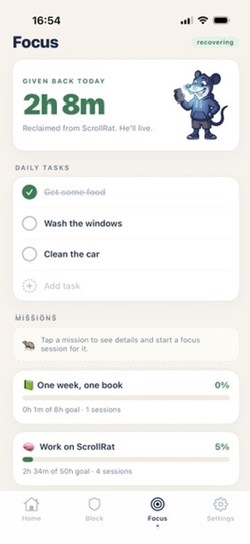 Focus tab — 2h 8m given back today, daily tasks and missions