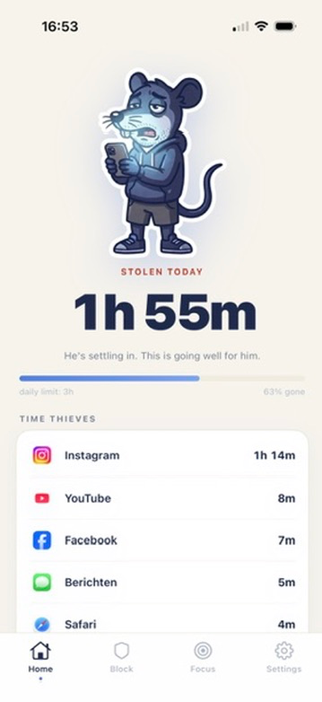 ScrollRat app — Home damage report: 1h 55m stolen today