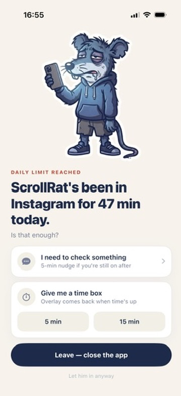 The real block overlay — ScrollRat's been in Instagram for 47 min today