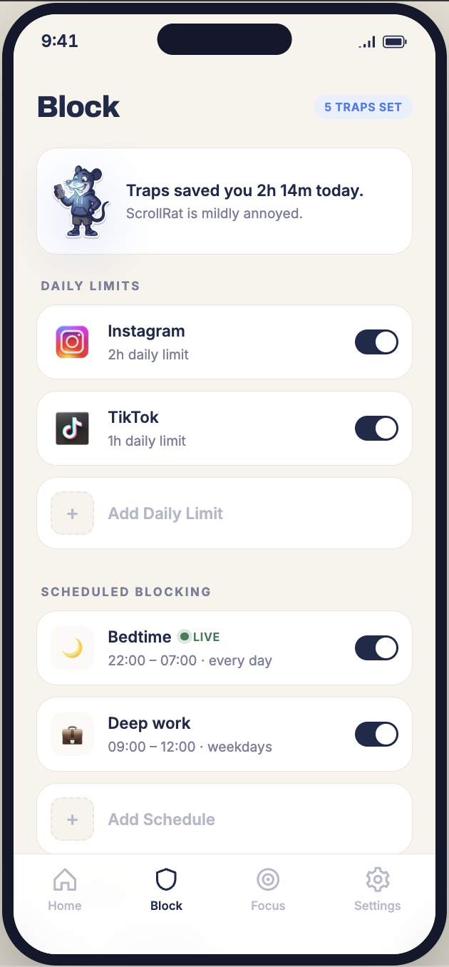 Block tab — daily limits and scheduled blocking