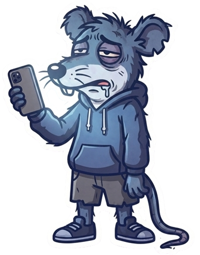 ScrollRat degradation state 4 — hunched, both hands on the phone